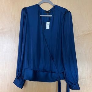 Banana Republic Satin Faux Wrap Top XL Tall in Midnight Blue